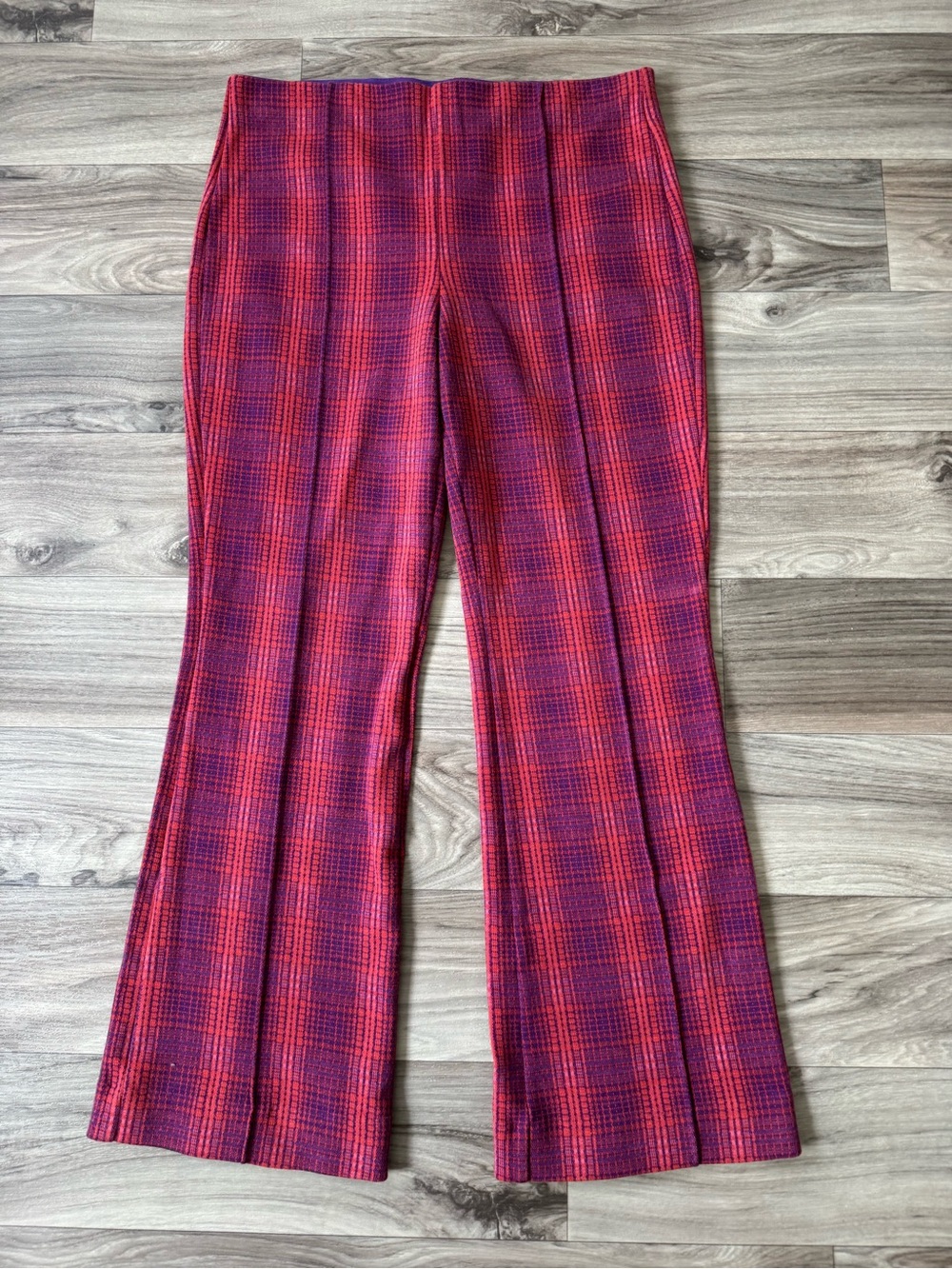 Maeve by Anthropologie Margot Kick-Flare Pants in Red and Purple Plaid Sz Small